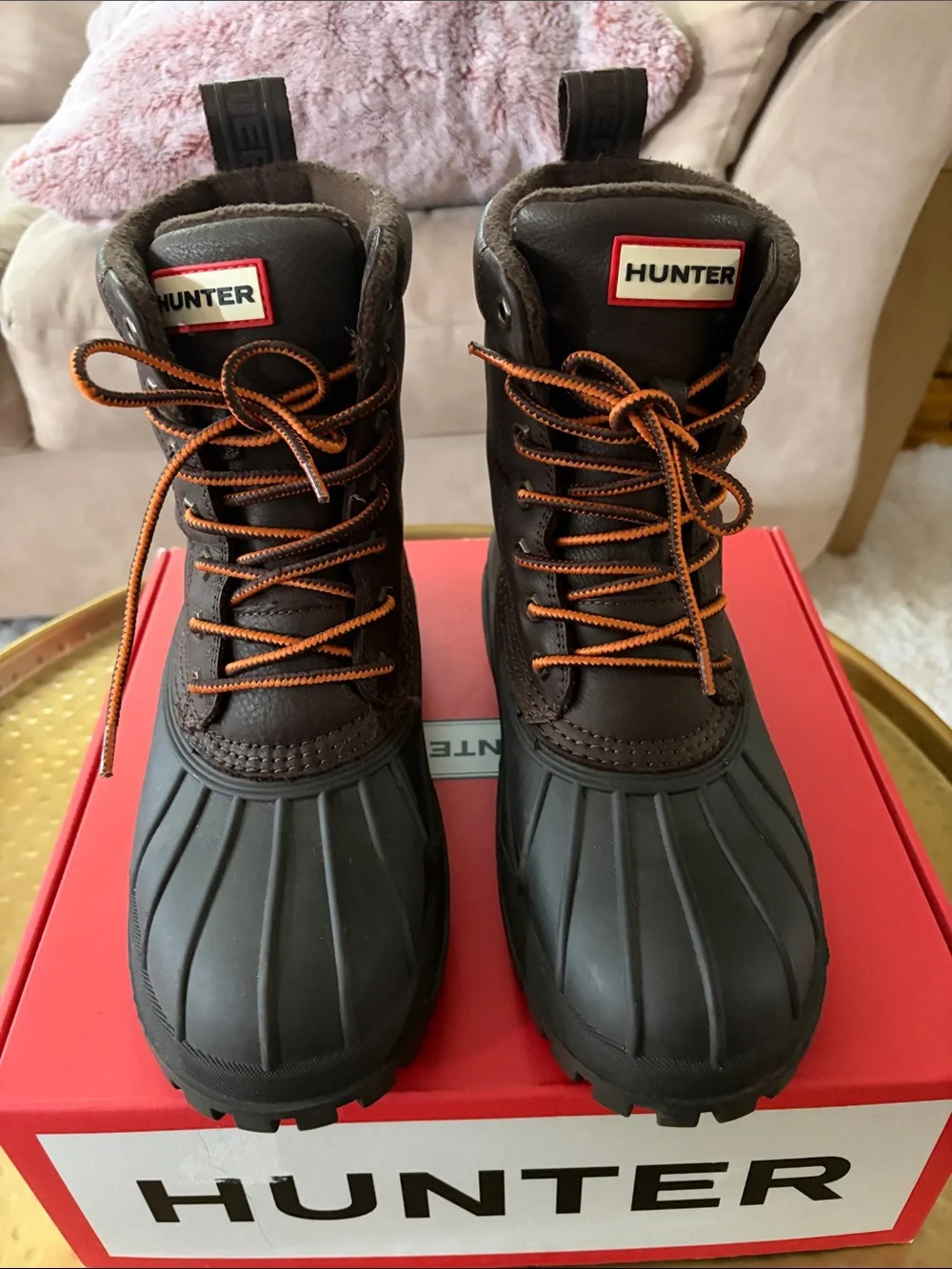 Hunter Dark Brown Waterproof Duck Boots with Orange Laces